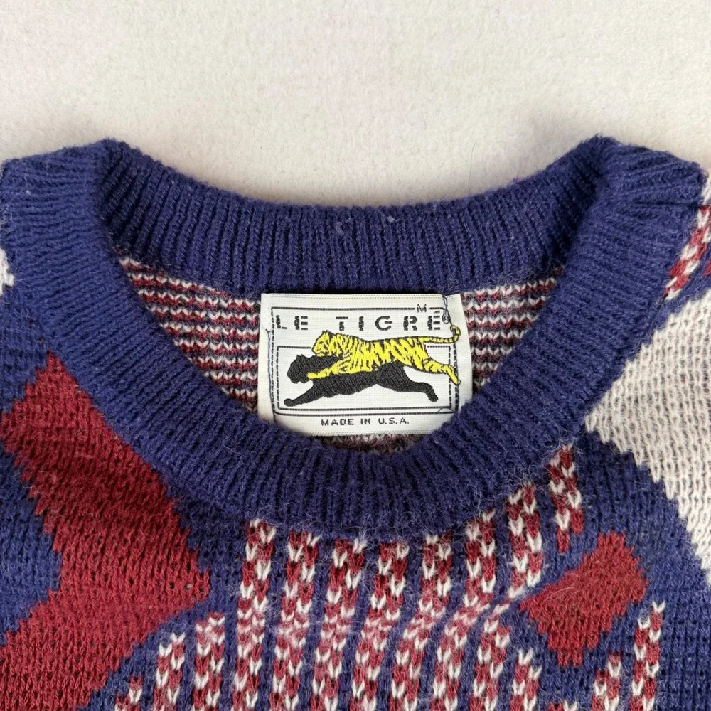Vintage Le Tigre Mens Medium Geometric Abstract Knit Sweater USA Made Blue Red